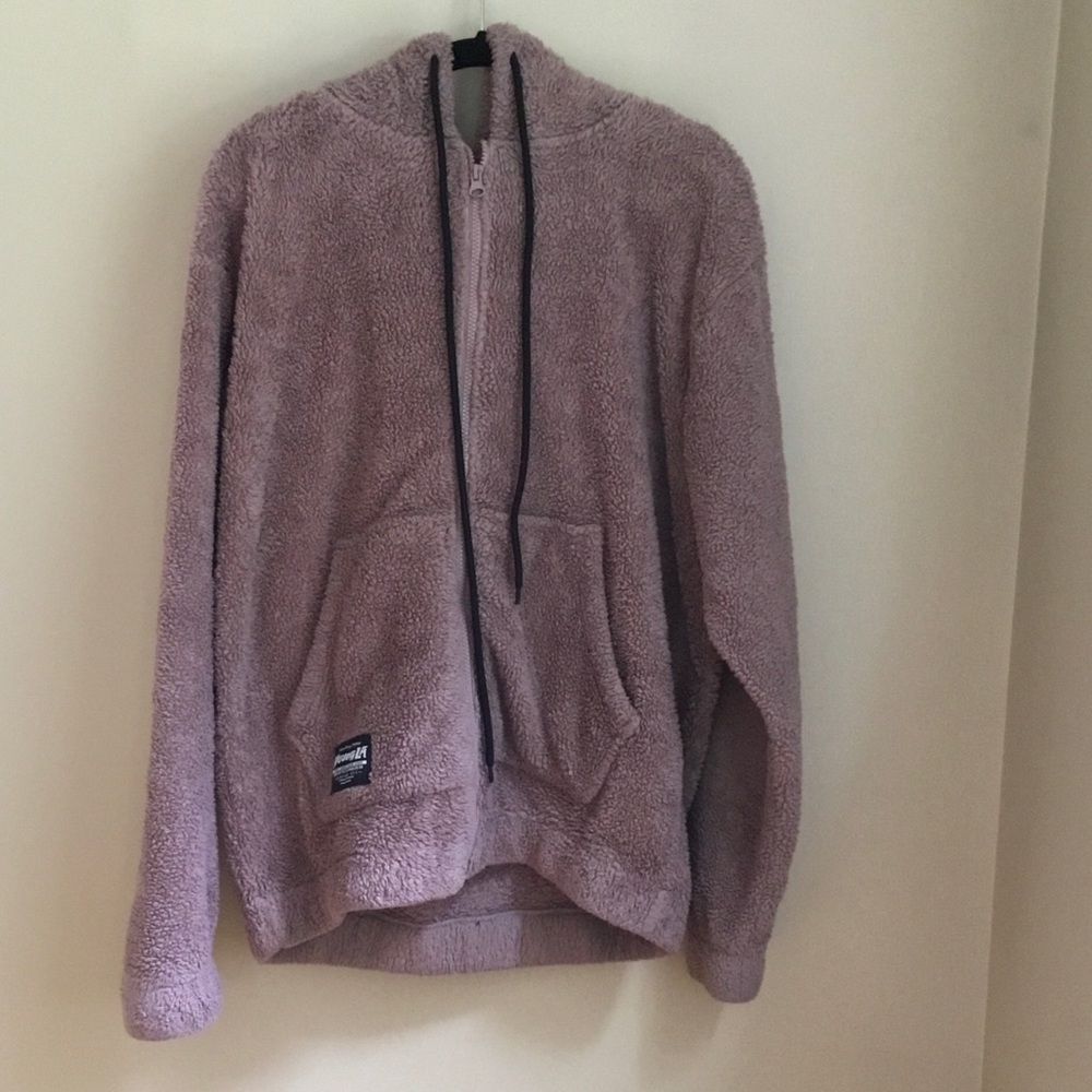YoungLA Blush Pink Sherpa Teddy Kangaroo Pocket Fleece Zip Up Hooded Sweatshirt